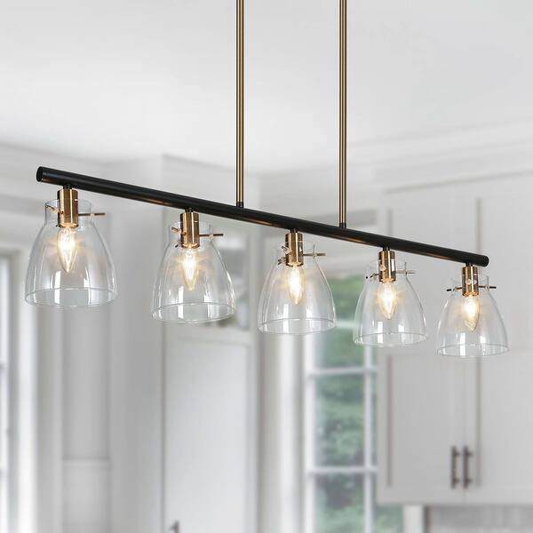 slide 1 of 10, Carrall Modern 5-Light Black Linear Gold Chandelier Glass Island Lights for Dining Room - 38" L