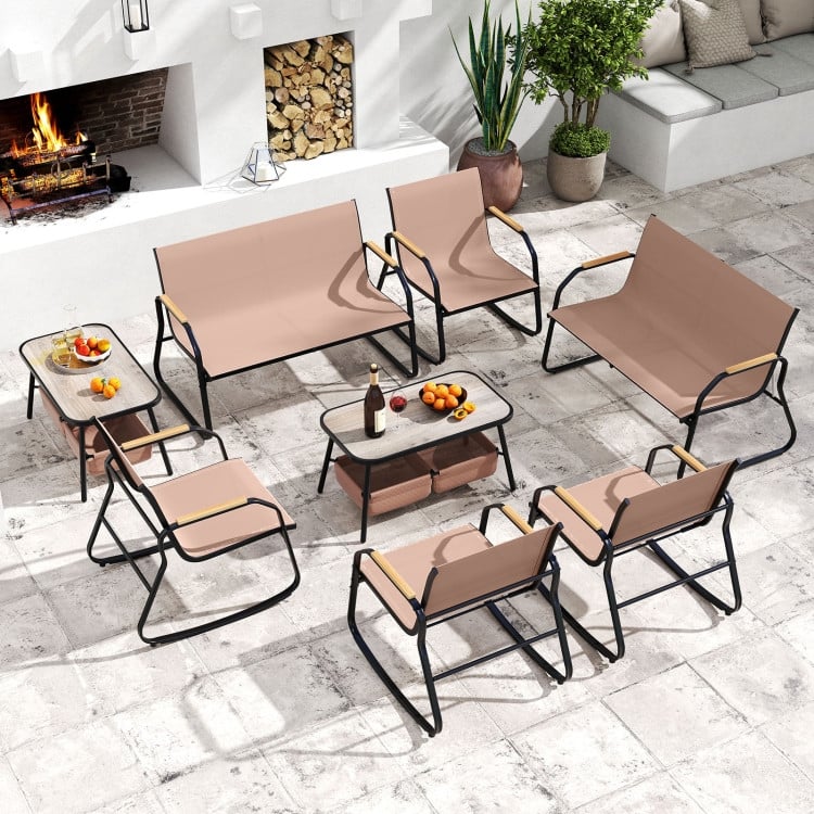 4 Piece Brown-Black Fabric Metal Outdoor Bistro Set with Loveseat and Rockers - Coffee Table: 31.5" x 18" x 16.5"
