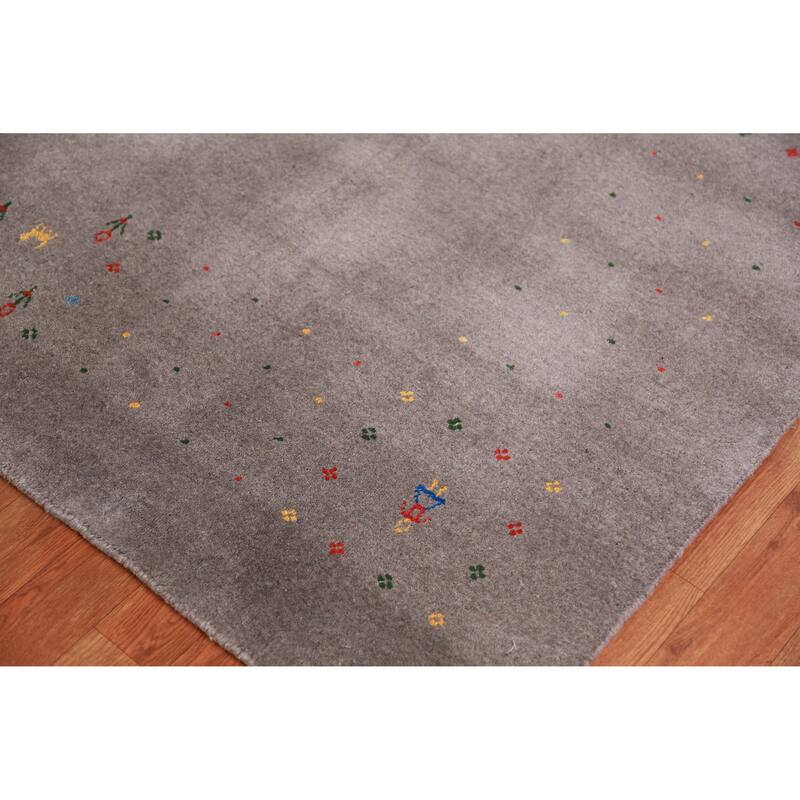 Tribal Gabbeh Area Rug Hand-Knotted Grey Wool Carpet - 8'0" x 9'11"
