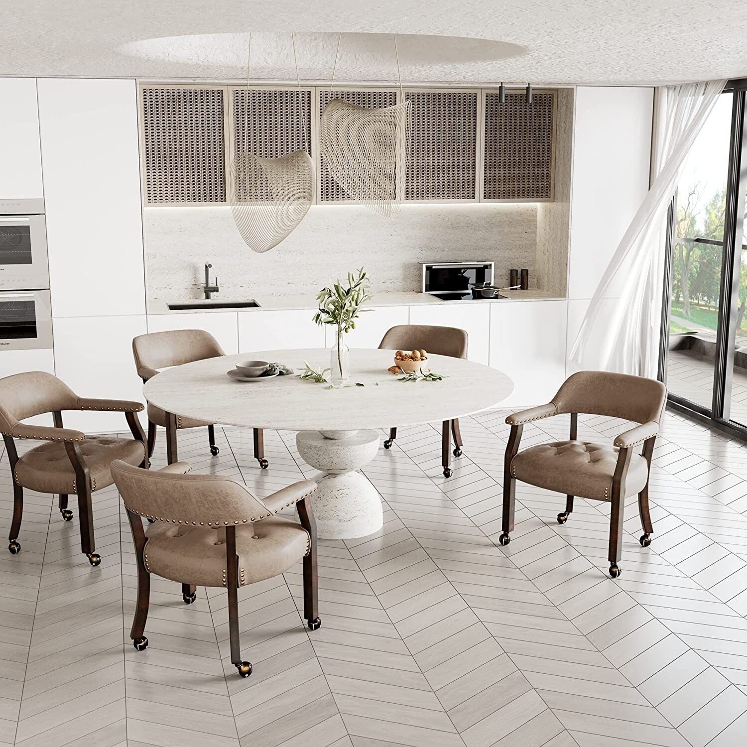 Solid Wood Chairs Dining Chairs With Casters Waterproof Leather