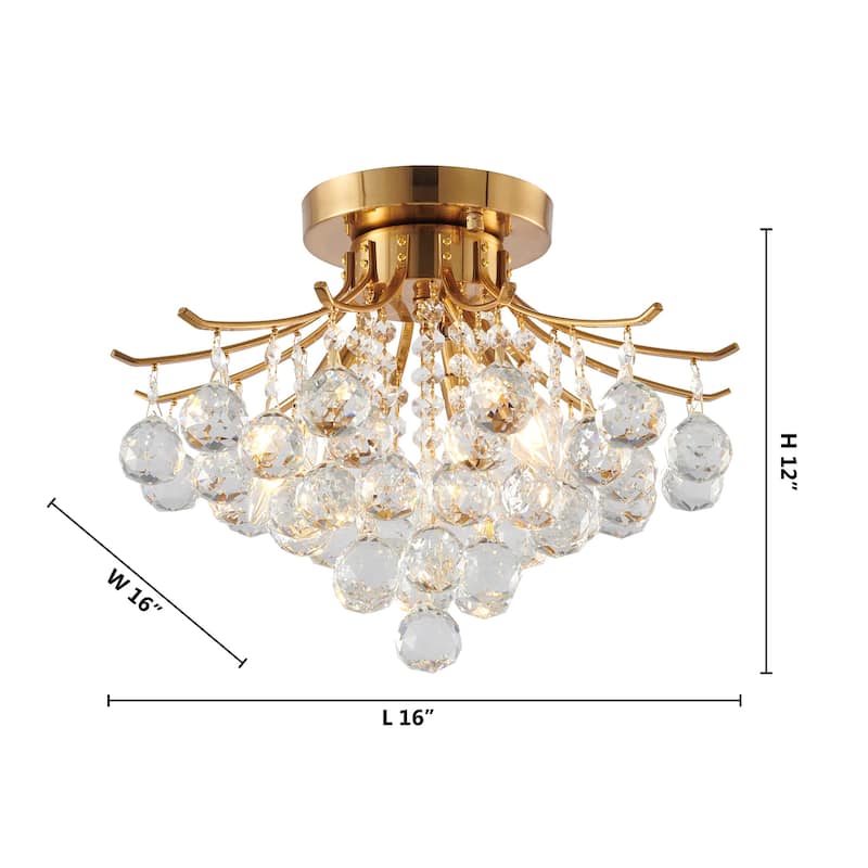 3 Light Satin Brass Metal Semi Flush Mount With Crystals