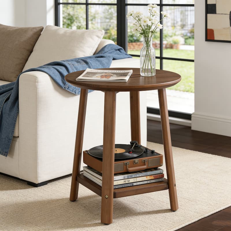 Solid Wood Round Side Table - Walnut