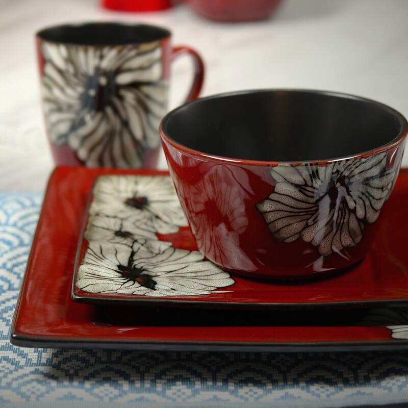Dinnerware 16 Piece Set in Cherry Red with White