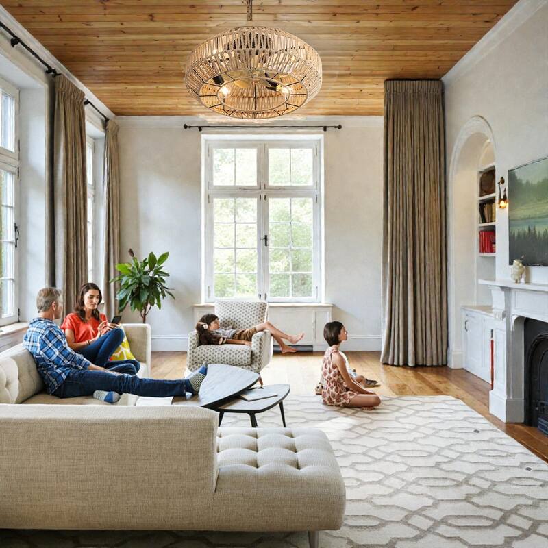 22 Inch Boho Caged Ceiling Fan with Enclosed Rattan Shade, 6-Speed Reversible DC Motor, Remote, E26 Bulb Compatible