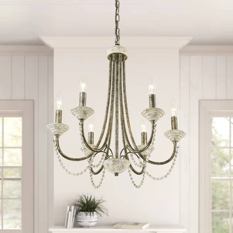 6-Light 20" Rustic French White Antiqued Wood Beaded Chandelier Light for Dining Room, Living Room