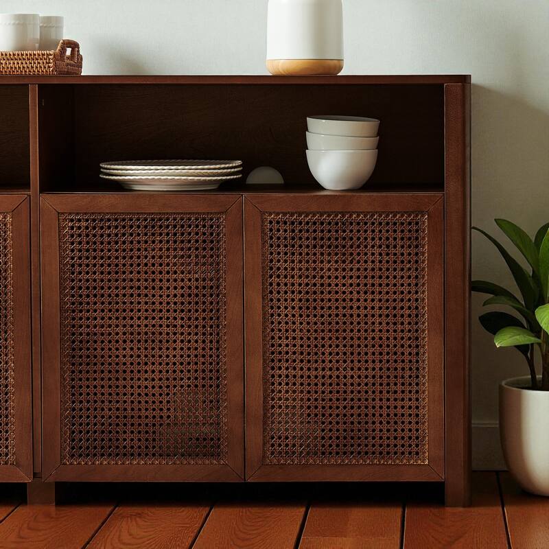 63" Mid-Century Modern Rattan Sideboard Buffet Cabinet with Adjustable Shelves, Storage Credenza for Living Room