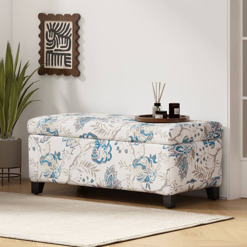 Luxury Storage Ottoman with Floral Patterned Fabric Soft-Close Hinges - Blue Flower,Blue Multi