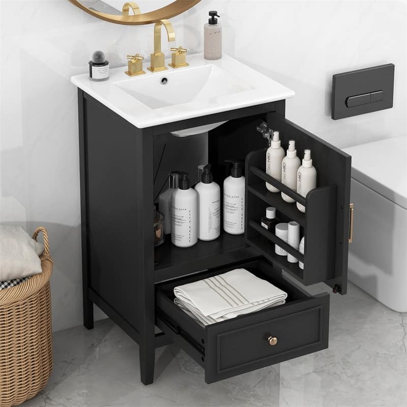 20" Bathroom Vanity with Ceramic Sink, Freestanding Bathroom Vanity Cabinet with 1 Door, 1 Storage Drawer and Door Shelf Design