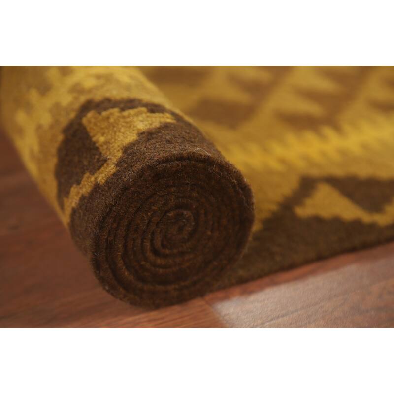 Hand Woven Oriental 100% Wool Carpet Southwestern Geometric Yellow & Gold Kilim Area Rug - 9' 10'' X 6' 10''