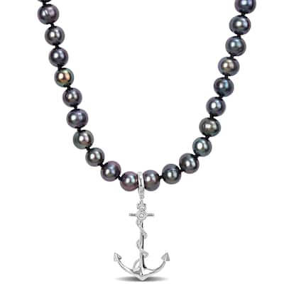 Miadora 7-7.5mm Black Cultured Freshwater Pearl Men's Necklace in Sterling Silver
