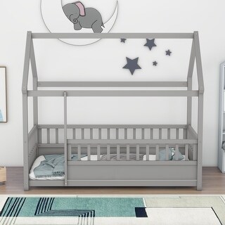 Twin Size Floor Wooden Bed with House Roof Frame and High Fence Guardrails for Safe and Imaginative Sleep