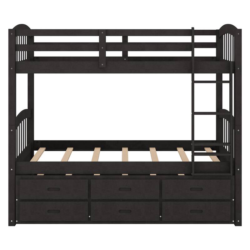 Twin Over Twin Wood Bunk Bed with Trundle and Drawers, Espresso Finish