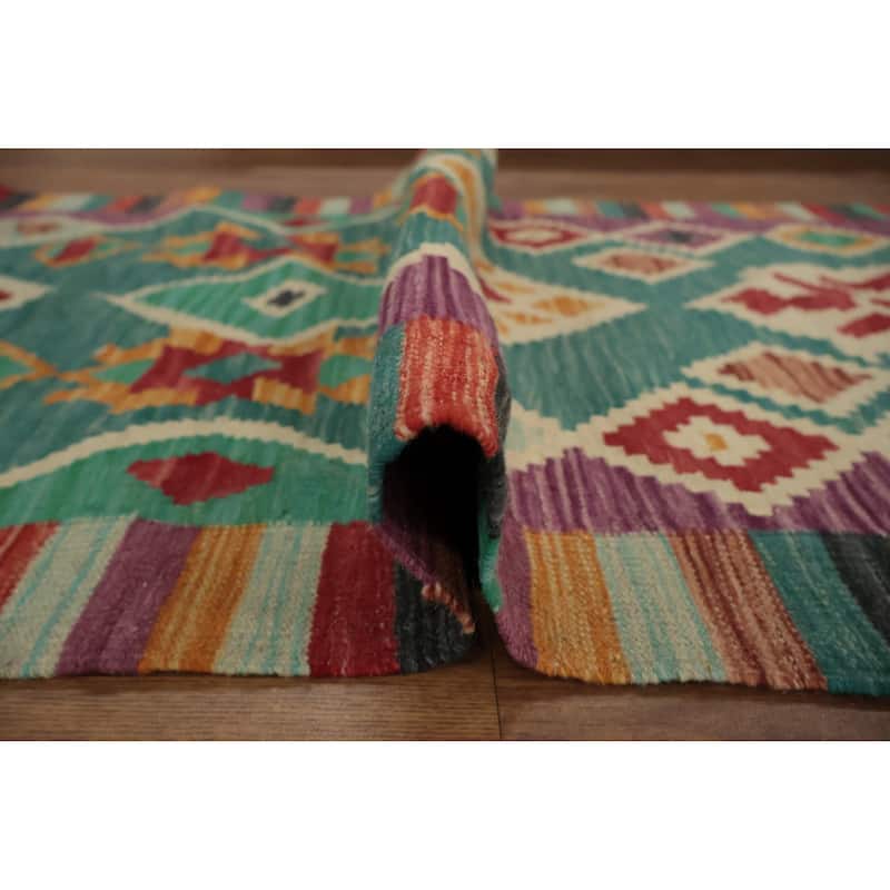 Hand Woven Oriental 100% Wool Carpet Southwestern Tribal Green Kilim Runner Rug - 9' 6'' X 2' 9''