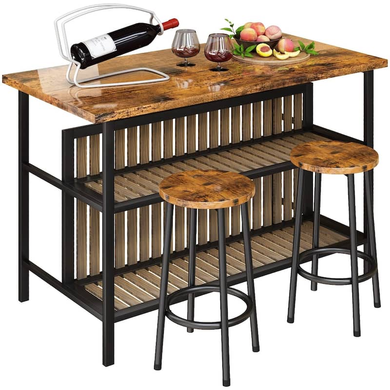 Mieres Kitchen Island with 2 Stools and Open Shelves - Distressed Brown