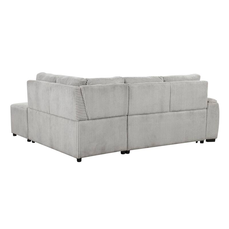 94" Corduroy Sectional Sofa Bed with Ottoman, Storage & USB Ports