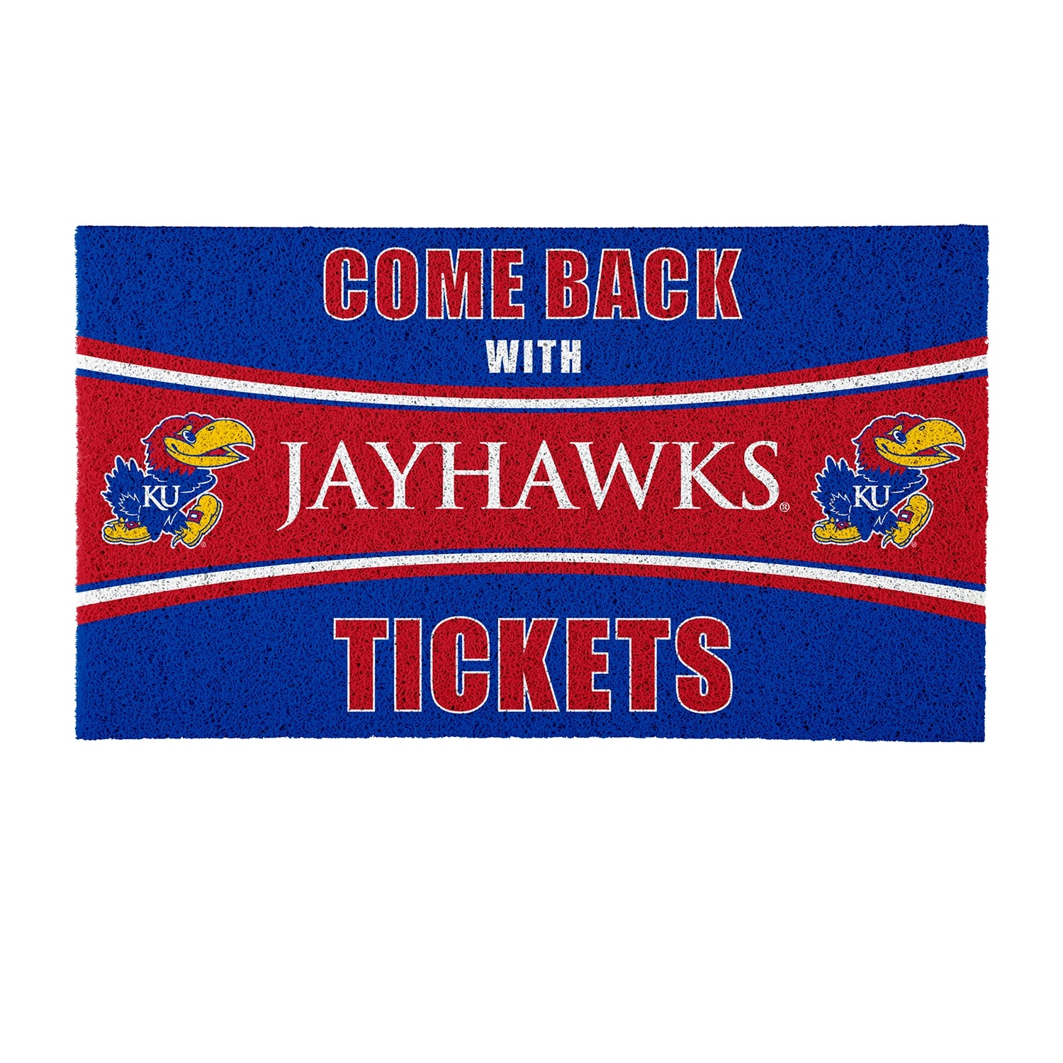 University of Kansas 28 in. x 16 in. PVC "Come Back With Tickets" Trapper Door Mat