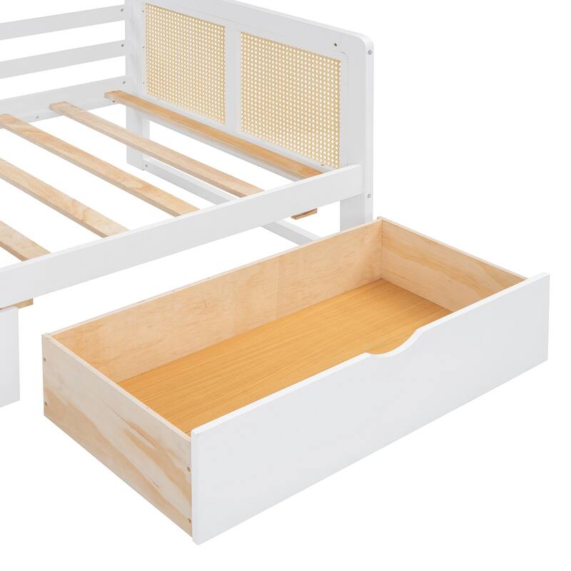 L-Shape Twin Size Daybed with Storage Cabinet and 2 Drawers, Bedroom Storage Bed Frame with Bookshelf, Wood Slats Support