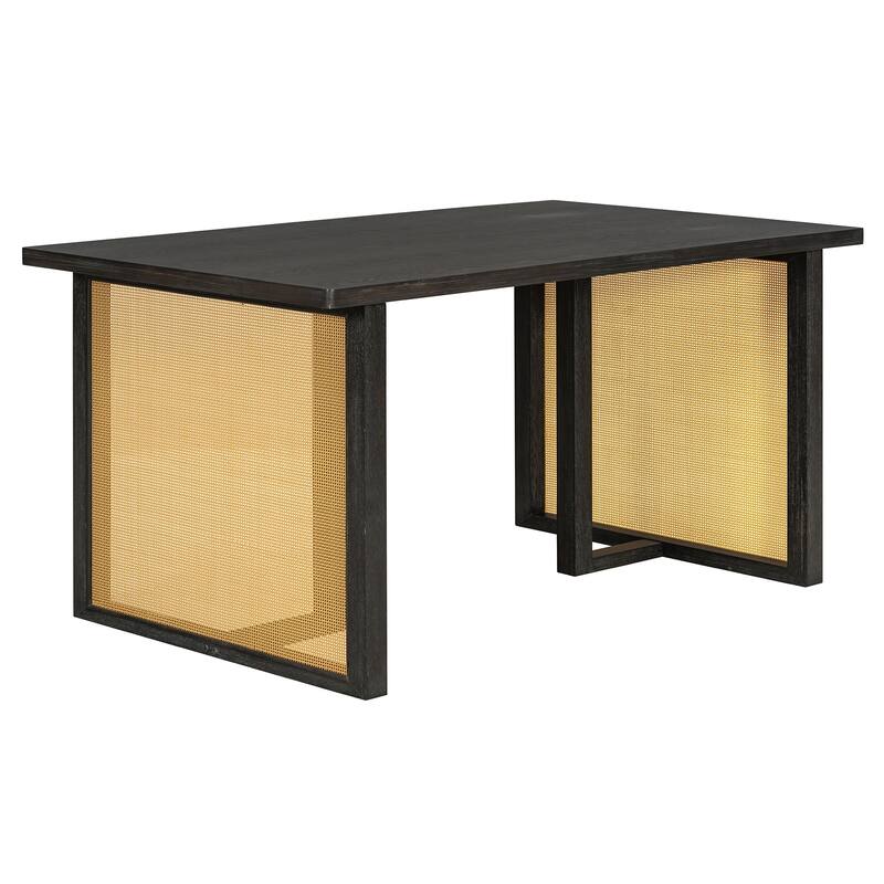 Farmhouse Dining Table Set with Padded Seat Chairs for 6, 59.8" Rectangular Dining Table with 6 Rattan Chairs