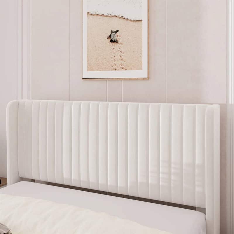 White Velvet Upholstered Platform Bed Frame with Wingback Headboard