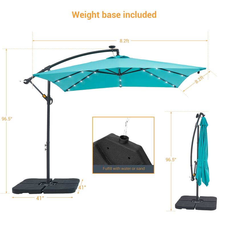LIVOOSUN Solar Powered 8.2ft LED Patio Offset Umbrella With Base
