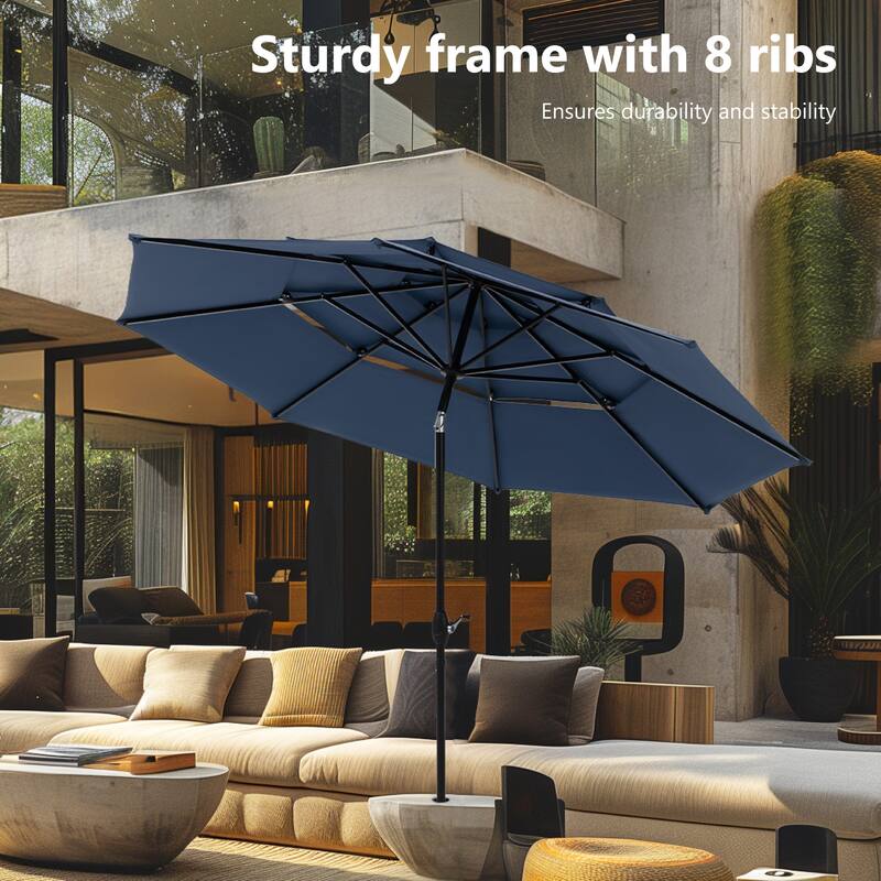 MAISON ARTS 6-Piece Outdoor Dining Set with 10ft 3 Tier Auto-tilt Umbrella, Metal Square Table & 4 Stackable Chairs