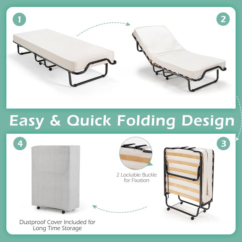 Gymax Portable Rollaway Guest Bed Folding Bed w/ Mattress Memory Foam