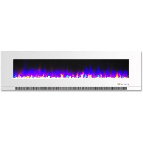 Hanover 60 In. Wall-Mount Electric Fireplace in White with Multi-Color Flames and Crystal Rock Display
