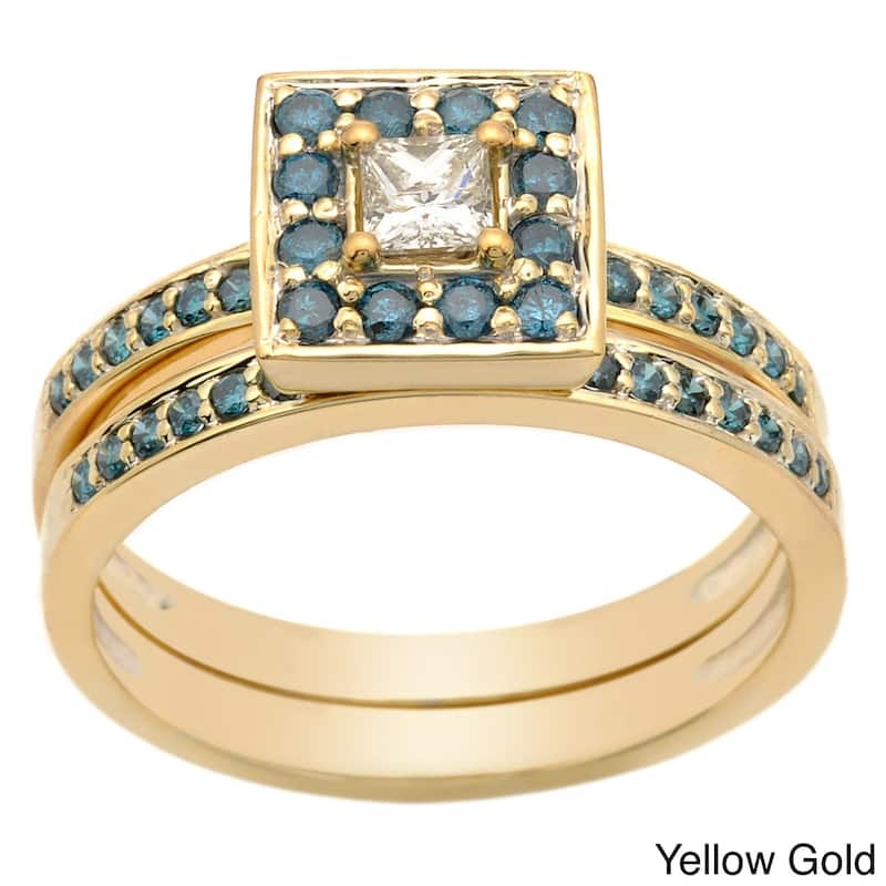 Auriya 14k Gold 1/2ctw Princess Cut Halo Blue Diamond Engagement Ring Set - Yellow - 4