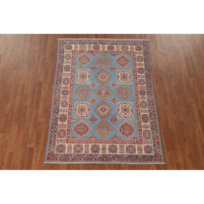 Light Blue Kazak Area Rug Hand-Knotted Bedroom Wool Carpet - 4'10" x 6'7"