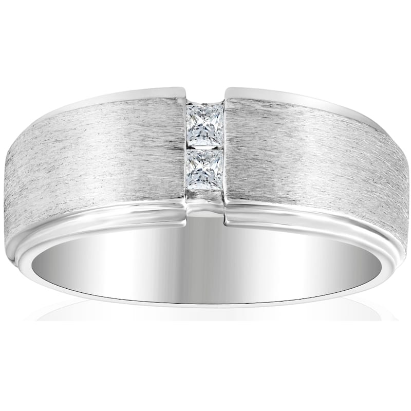 Mens White Gold Brushed Princess Cut Diamond Wedding Ring