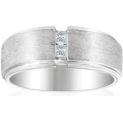 Mens White Gold Brushed Princess Cut Diamond Wedding Ring