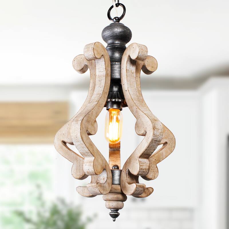 Cusp Barn Farmhouse Light Fixtures Chandelier 1-Light Rustic Wood Pendant Light with Adjustable Chain for Kitchen Island