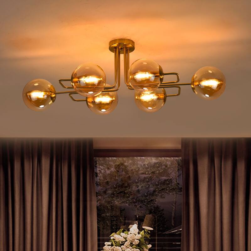 Mid - Century Modern 4 - Light Chandelier, Brass Frame with Amber - Tinted Glass Globes