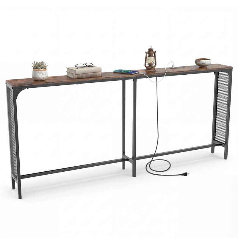 Gymax 71'' Console Table w/Power Outlet Metal Frame for Hallway Foyer - Rustic Brown & Black