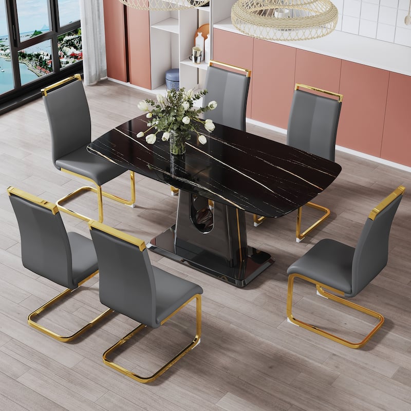 Dining table. Black imitation marble pattern desktop. Black MDF table legs, gold lines, black base - N/A