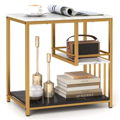 Gymax End Table 3-Tier Faux Marble Side Table w/ Storage Shelves