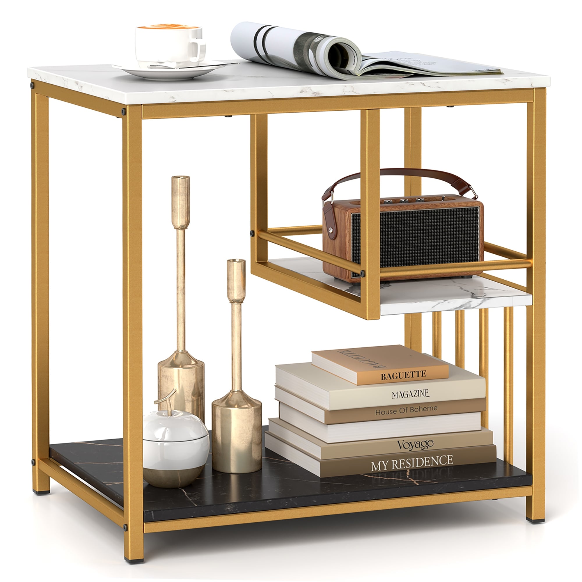 Gymax End Table 3-Tier Faux Marble Side Table w/ Storage Shelves