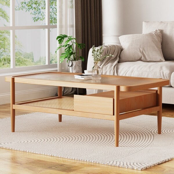 Modern Coffee Table, Double-Layer Wood Coffee Table with Glass