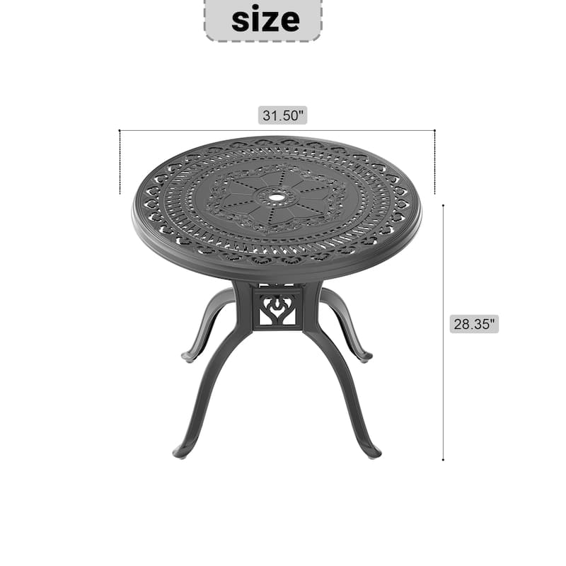 Ø31.50-inch Cast Aluminum Patio Dining table With Black Frame and Umbrella Hole