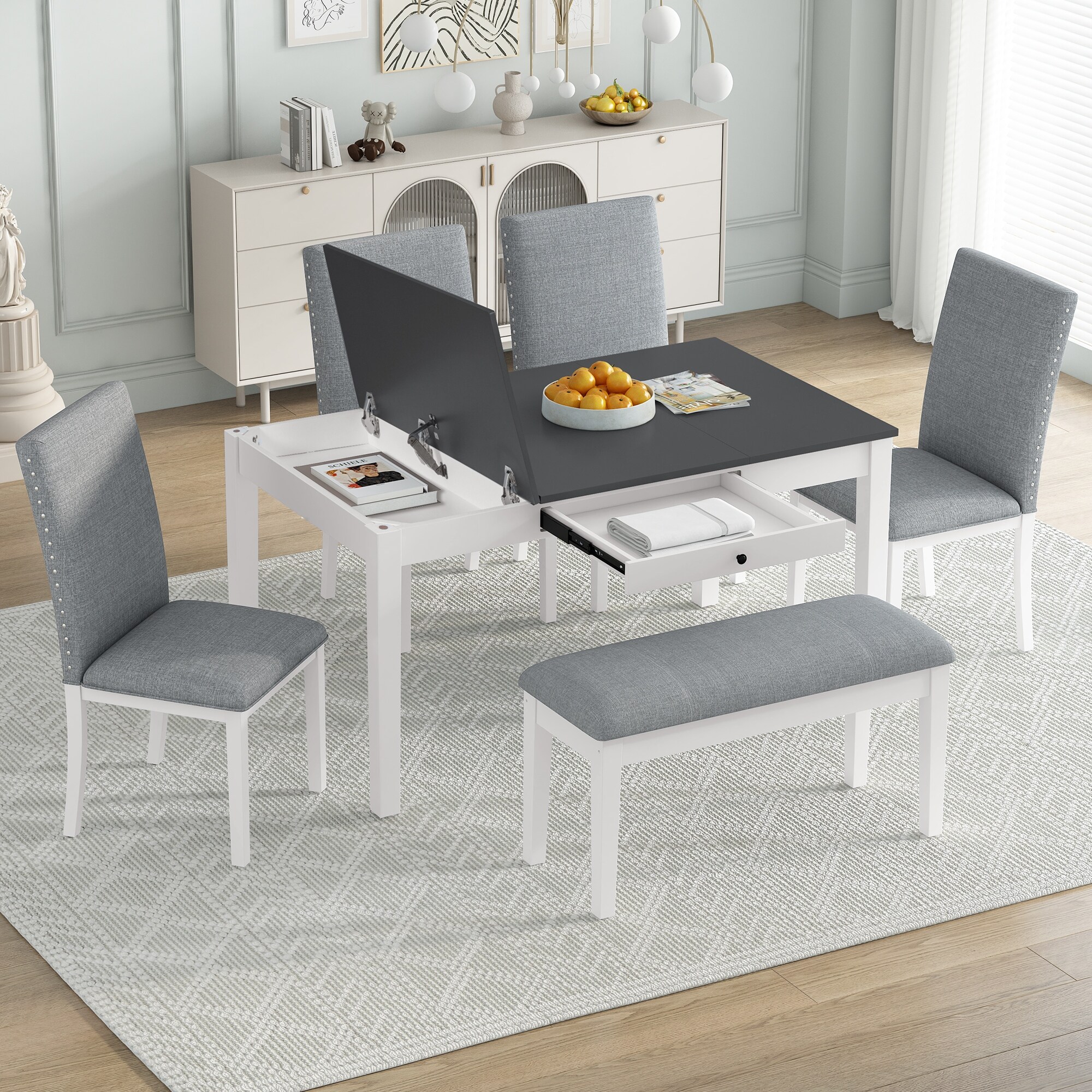 6 PCS Gray Dining Table Set w Flip Top Storage Box Bench 4 Chairs Bed Bath Beyond 40816294