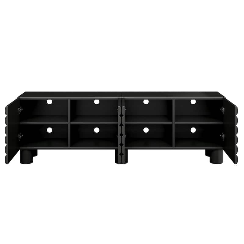 75 inch TV Stand Media Console with 4 Cabinets, Cream Wavy Door Cabinet with Cylindrical Legs & Cable Management