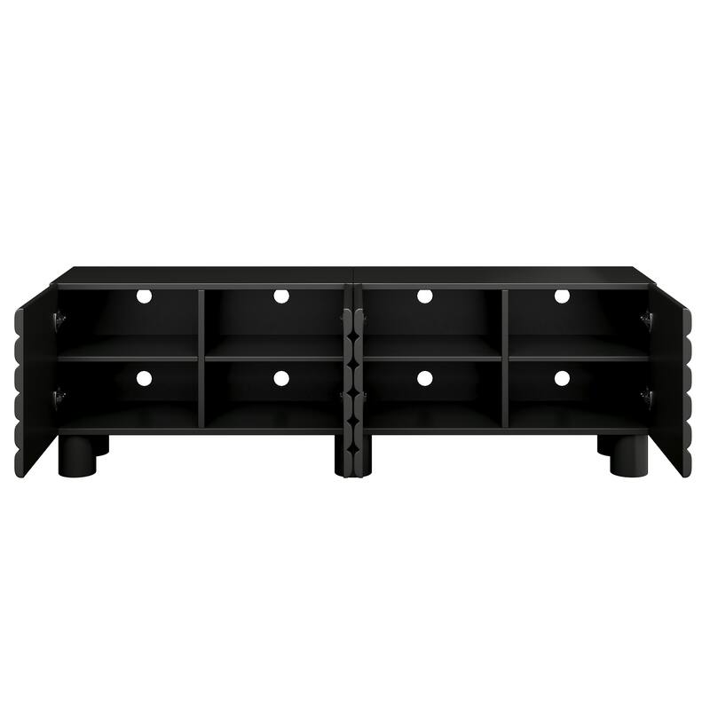 Modern TV Stand for TVs up to 75 Inches with 4 Cabinets, Adjustable Shelves and Cable Holes, for Living Room, Black