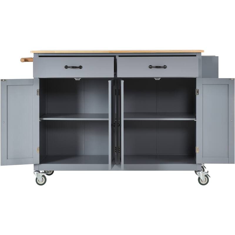 Closed Kitchen Island on Wheels, Solid Wood Table Top Kitchen Cart, Diningroom Blue Breakfast Bar with Storage Rack and Drawers