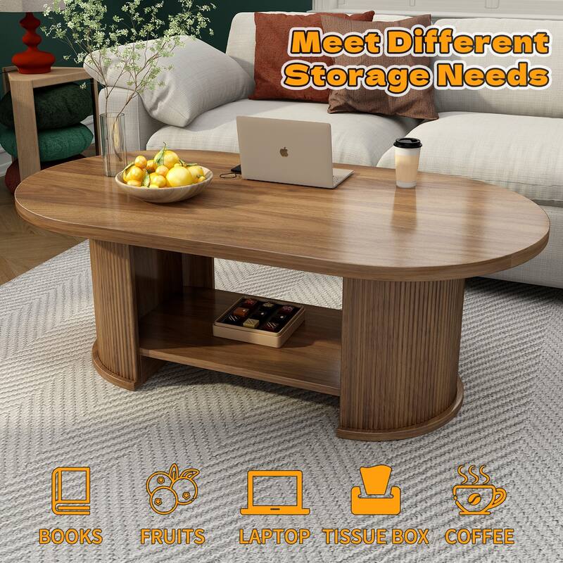 47" Farmhouse Wood Coffee Table End Table with Bottom Shelf, Walnut Side Table Sofa Table for Living Room