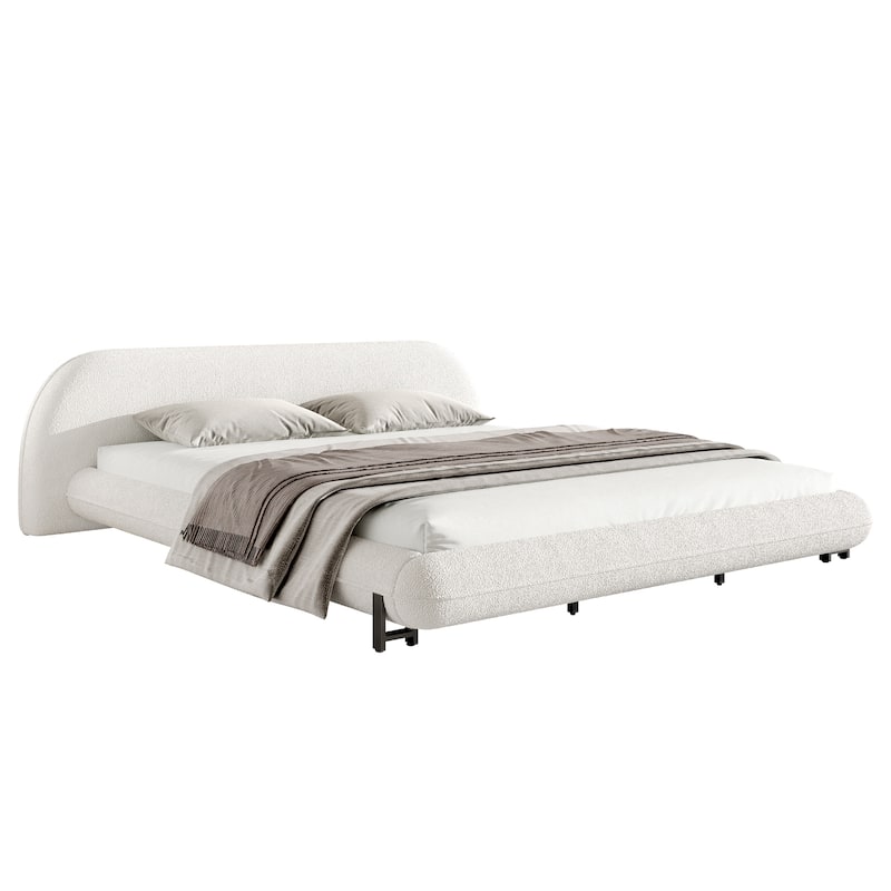 Roomfitters King Size Upholstered Platform Bed Frame with Boucle Fabric, Modern Curved Headboard, White