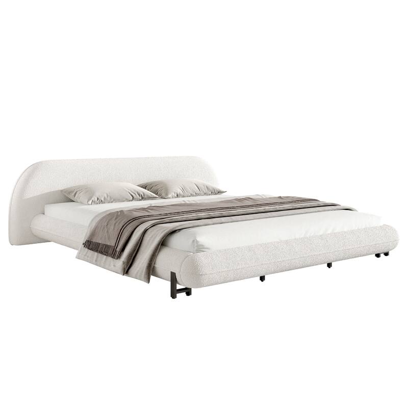 White Upholstered Boucle Fabric Low-Profile Platform Bed Frame with Thought Embeded Curved Thick Headboard and Metal Support Leg