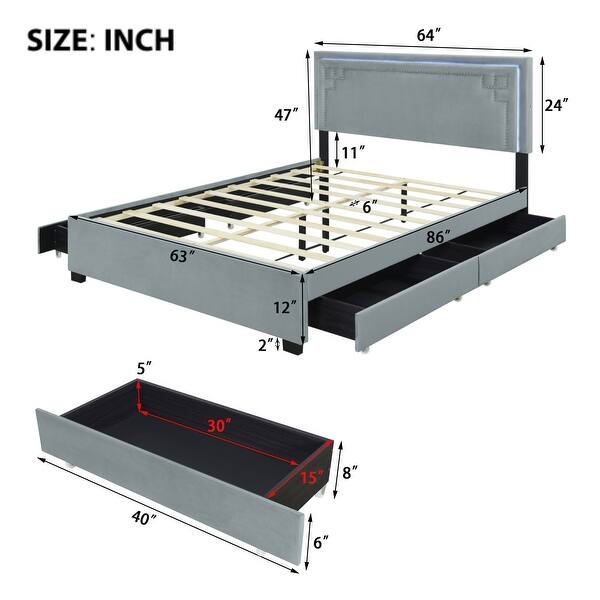 Queen Size Bed Velvet Upholstered Platform Storage Bed with 4 Drawers, Rivet-decorated Headboard and Embedded LED Light Strip