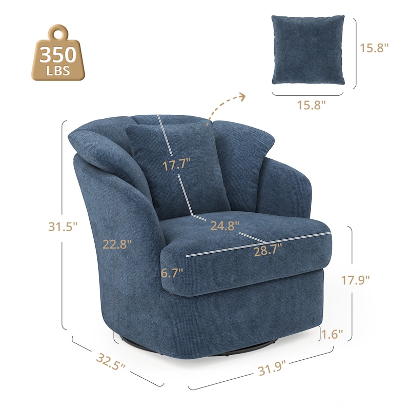 Upholstered Swivel Accent Chair Barrel Armchair Metal Frame with Pillows Living Room Chair