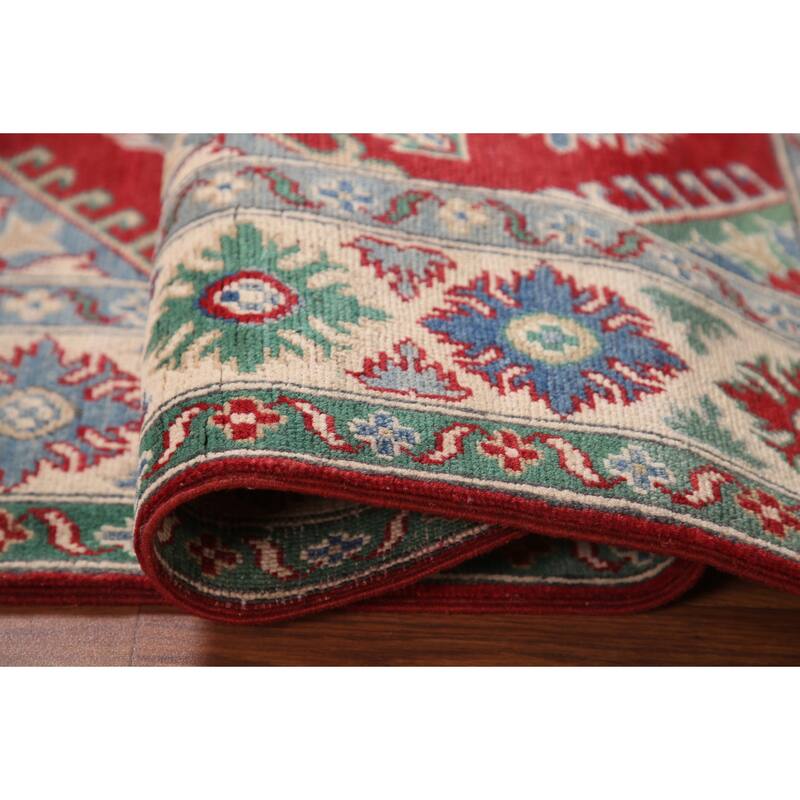 Geometric Red Kazak Area Rug Handmade Wool Carpet - 5'2" x 6'9"