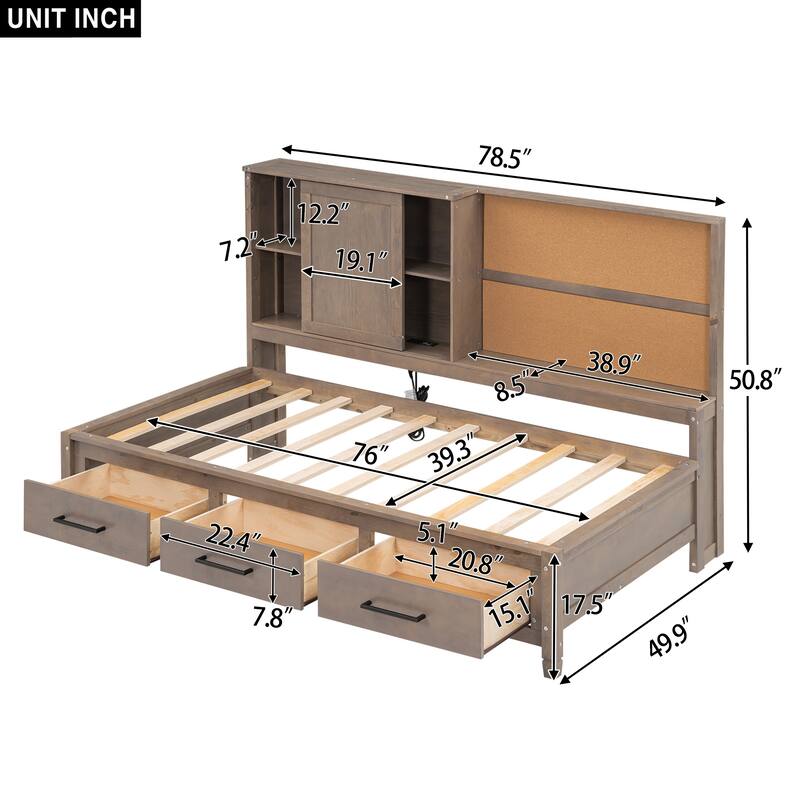 Twin Size Lounge Daybed with Storage, USB Ports and 3 Drawers